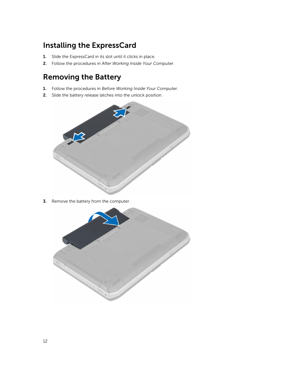 Installing the expresscard, Removing the battery | Dell Latitude E5430 (Mid 2012) User Manual | Page 12 / 79