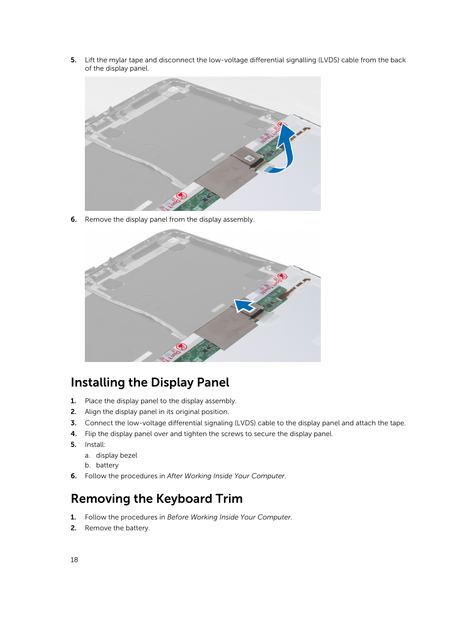 Installing the display panel, Removing the keyboard trim | Dell Latitude E5430 (Mid 2012) User Manual | Page 18 / 79