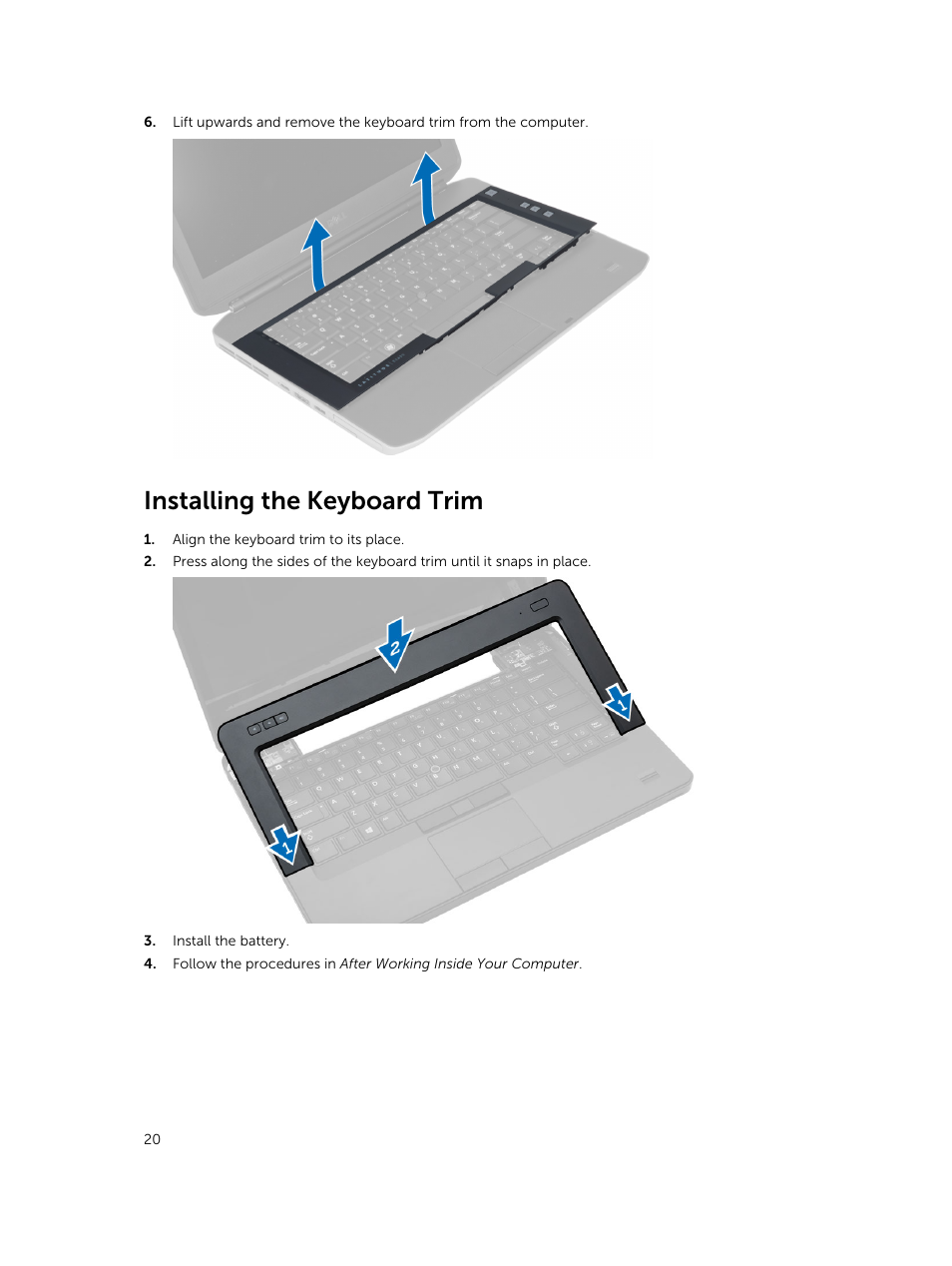 Installing the keyboard trim | Dell Latitude E5430 (Mid 2012) User Manual | Page 20 / 79