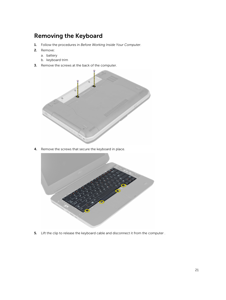 Removing the keyboard | Dell Latitude E5430 (Mid 2012) User Manual | Page 21 / 79