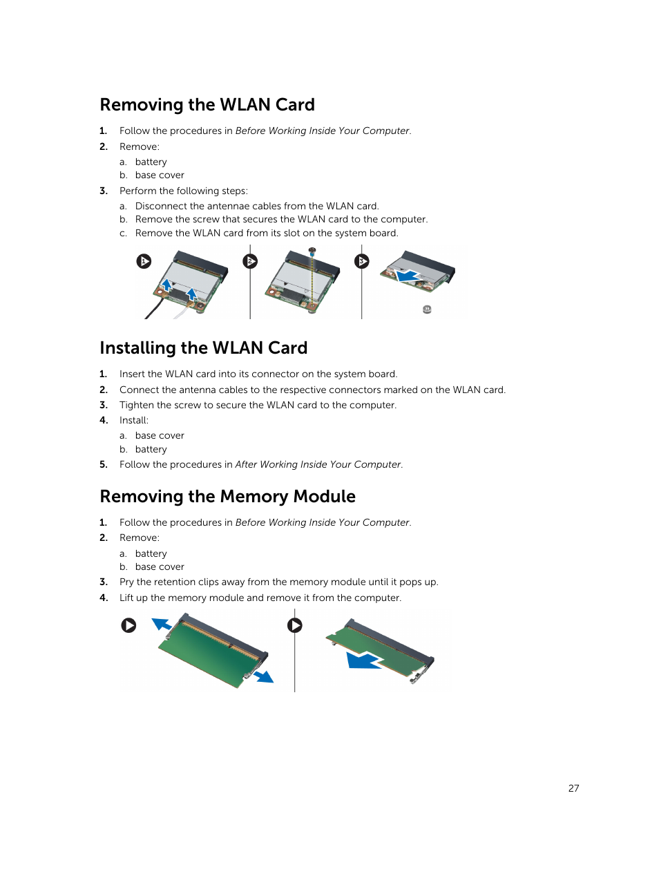 Removing the wlan card, Installing the wlan card, Removing the memory module | Dell Latitude E5430 (Mid 2012) User Manual | Page 27 / 79