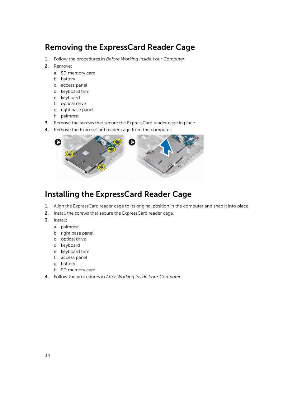 Removing the expresscard reader cage, Installing the expresscard reader cage | Dell Latitude E5430 (Mid 2012) User Manual | Page 34 / 79