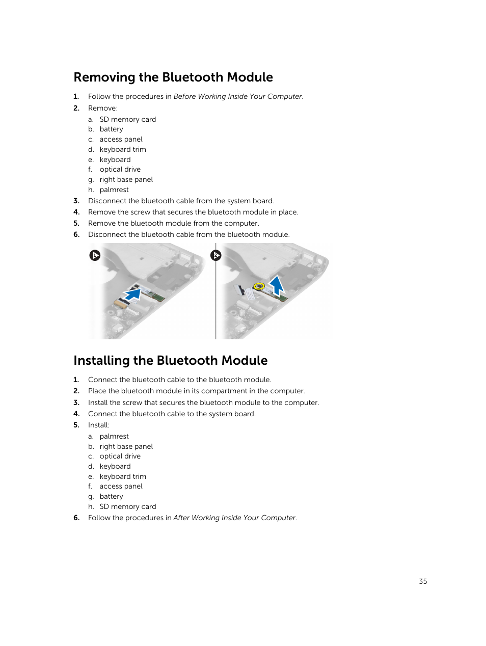 Removing the bluetooth module, Installing the bluetooth module | Dell Latitude E5430 (Mid 2012) User Manual | Page 35 / 79