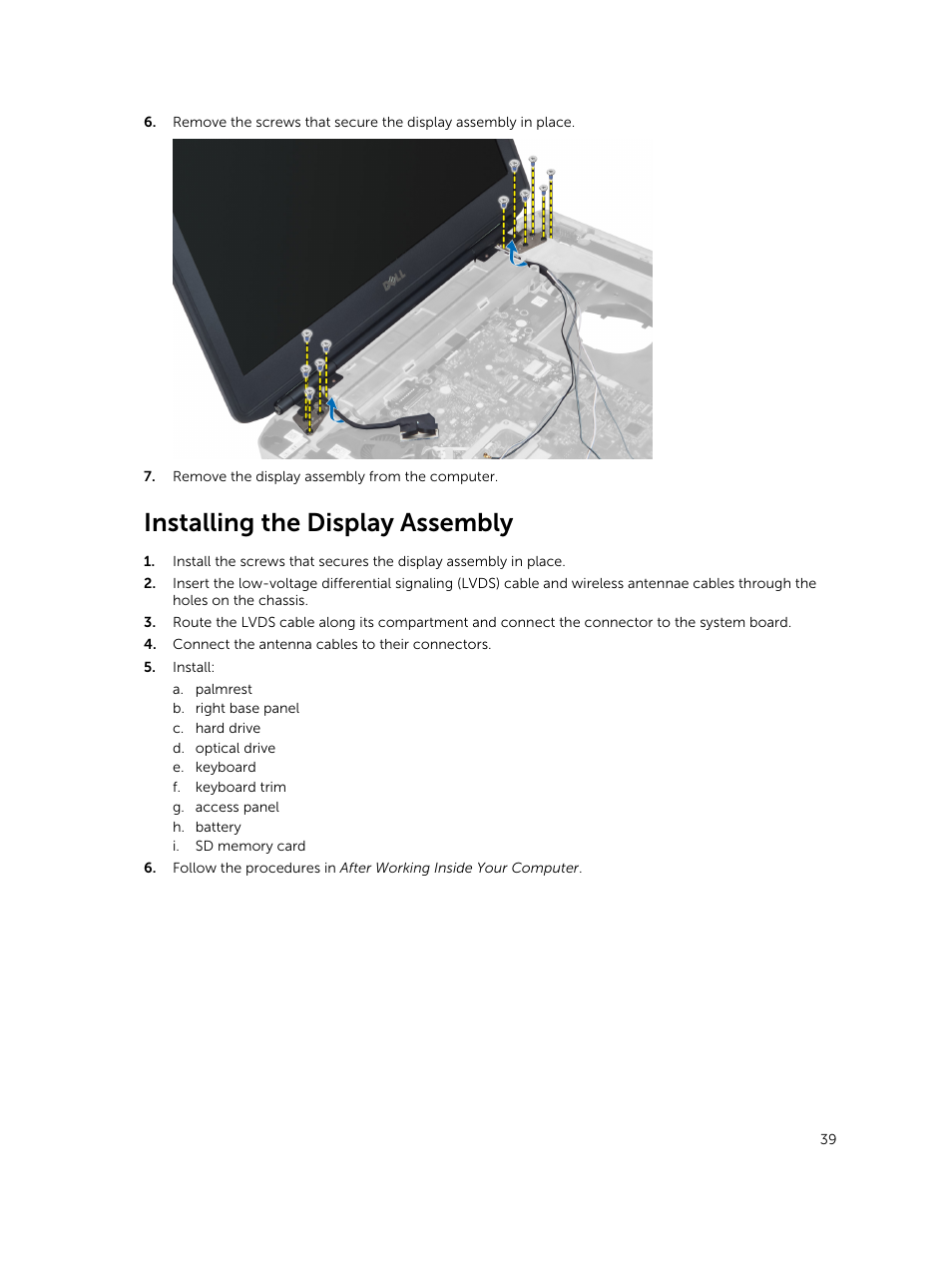 Installing the display assembly | Dell Latitude E5430 (Mid 2012) User Manual | Page 39 / 79