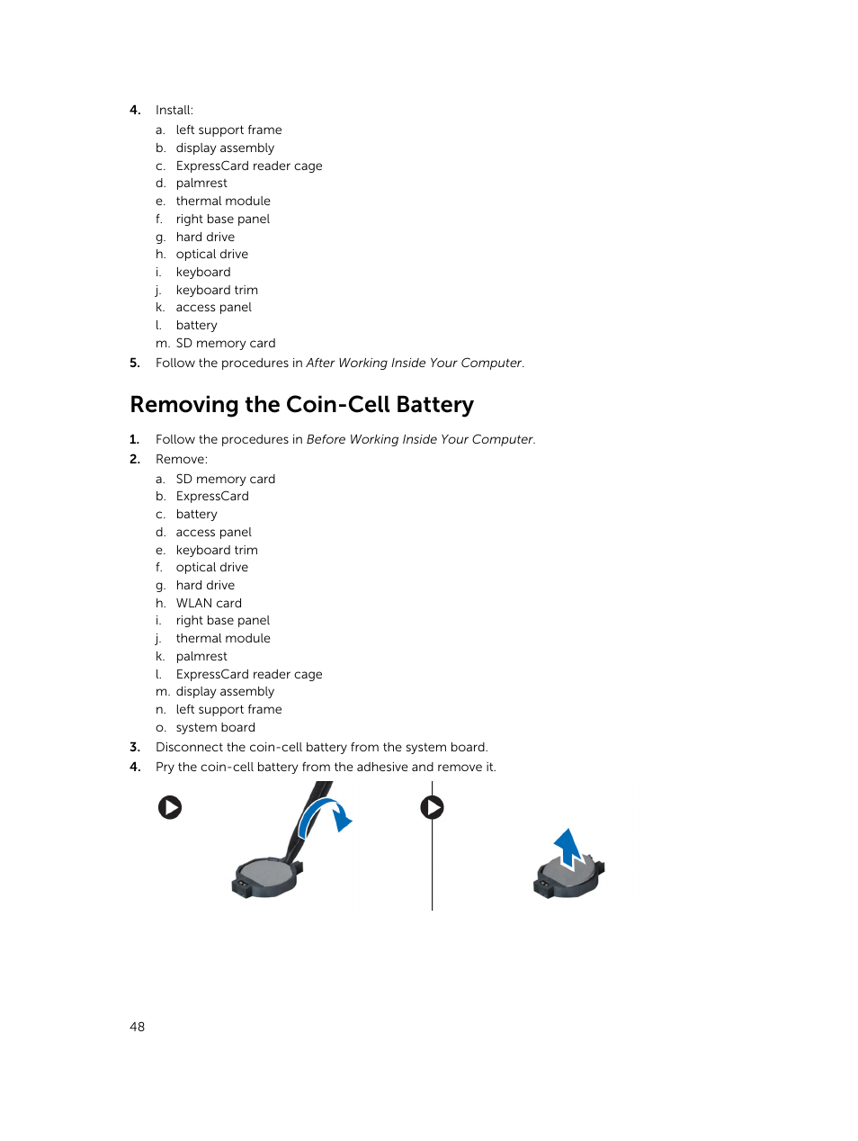 Removing the coin-cell battery | Dell Latitude E5430 (Mid 2012) User Manual | Page 48 / 79