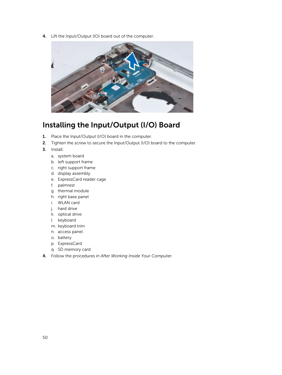 Installing the input/output (i/o) board | Dell Latitude E5430 (Mid 2012) User Manual | Page 50 / 79