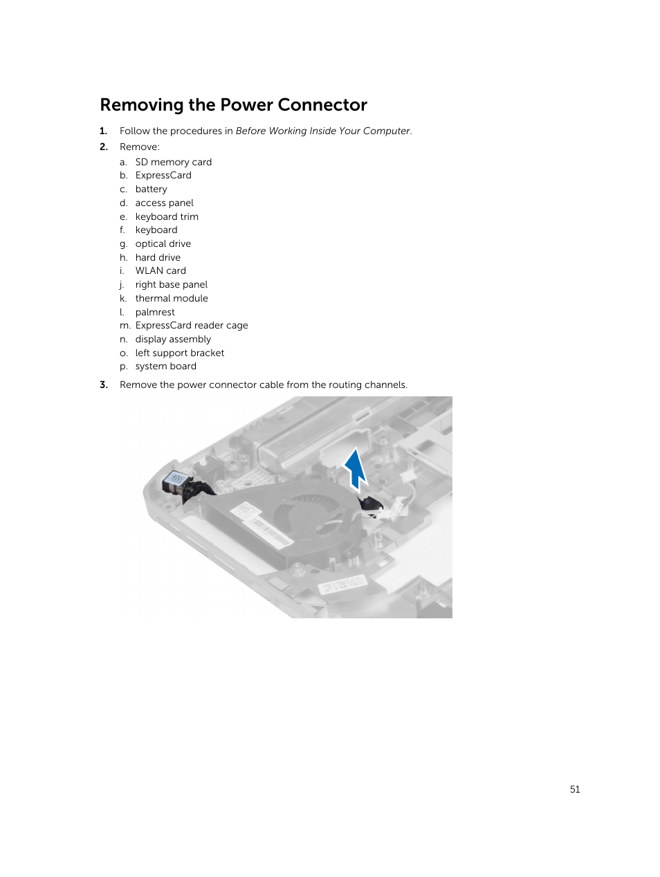 Removing the power connector | Dell Latitude E5430 (Mid 2012) User Manual | Page 51 / 79