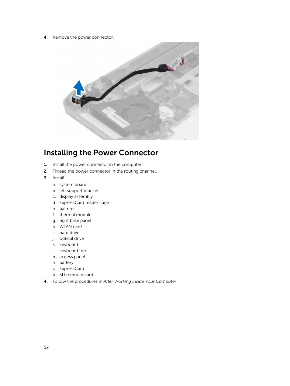 Installing the power connector | Dell Latitude E5430 (Mid 2012) User Manual | Page 52 / 79