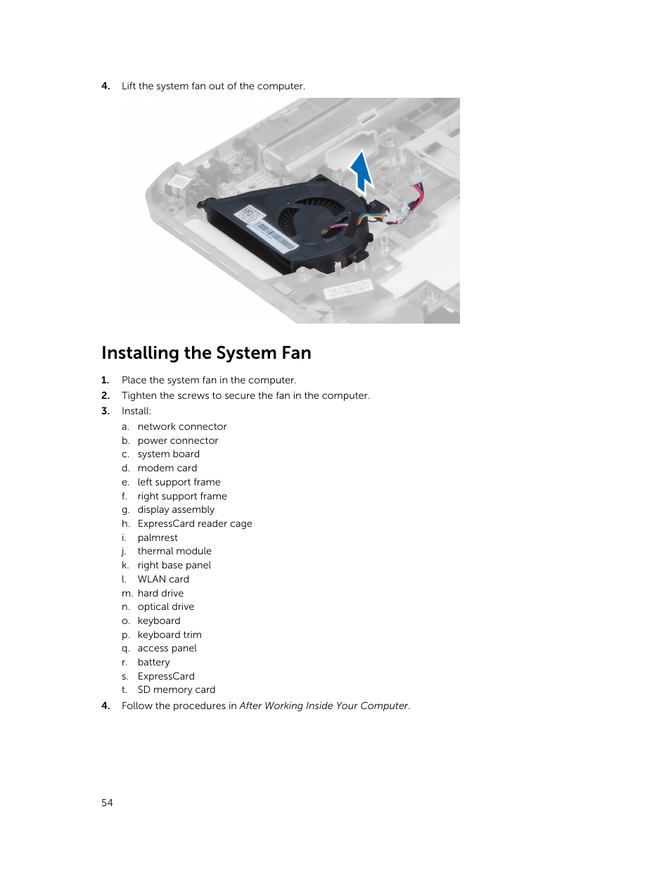 Installing the system fan | Dell Latitude E5430 (Mid 2012) User Manual | Page 54 / 79