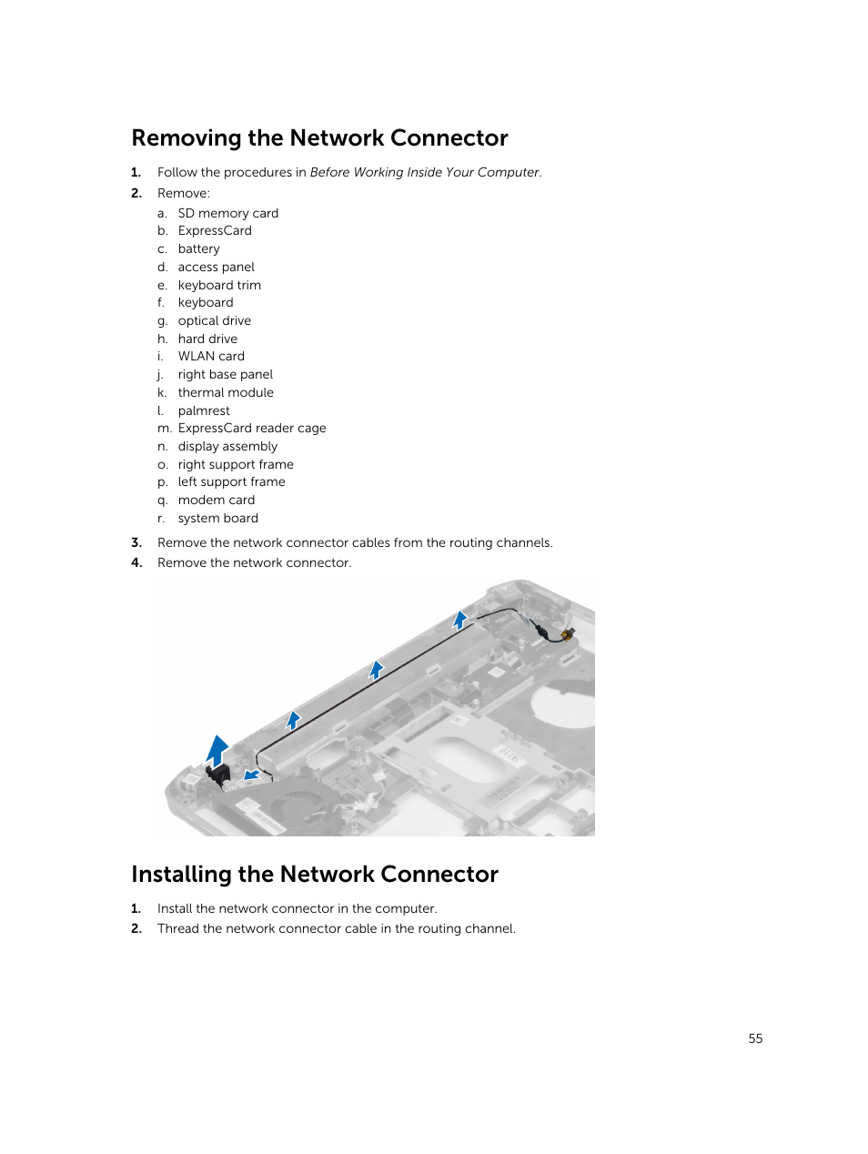 Removing the network connector, Installing the network connector | Dell Latitude E5430 (Mid 2012) User Manual | Page 55 / 79