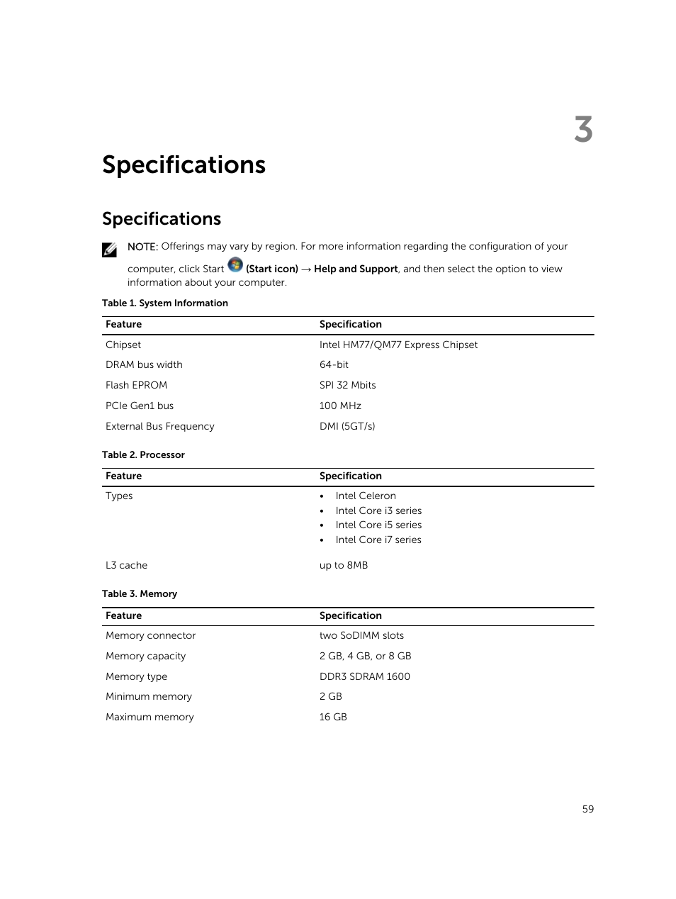 Specifications, 3 specifications | Dell Latitude E5430 (Mid 2012) User Manual | Page 59 / 79