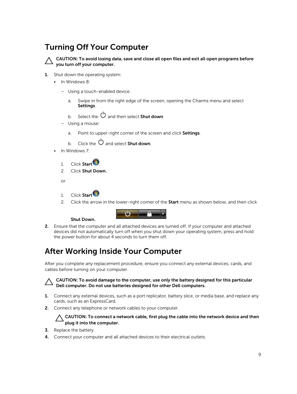 Turning off your computer, After working inside your computer | Dell Latitude E5430 (Mid 2012) User Manual | Page 9 / 79