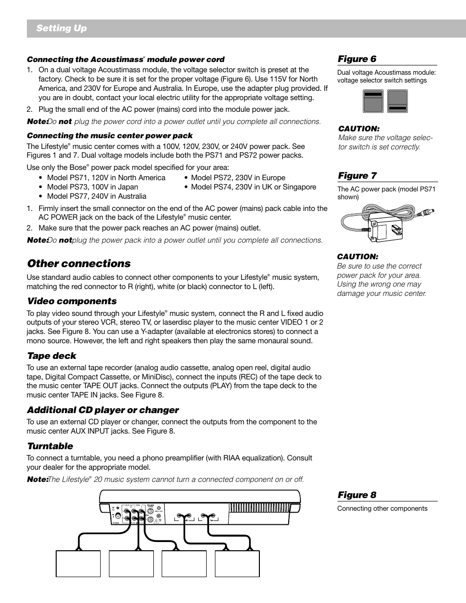 Other connections, English setting up, Video components | Tape deck, Additional cd player or changer, Turntable, Figure 6, Figure 7, Figure 8 | Bose Lifestyle 20 User Manual | Page 10 / 31