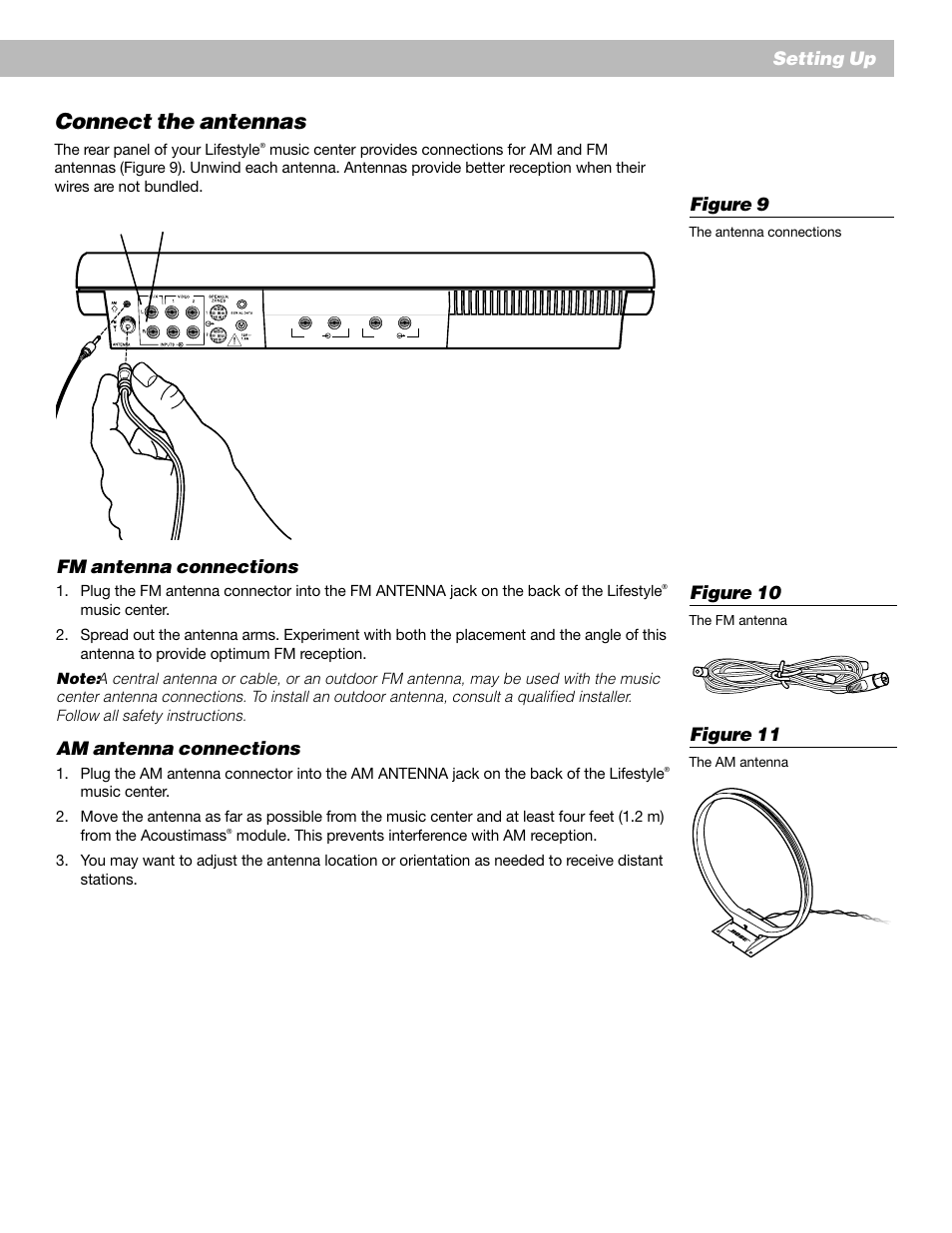 Connect the antennas, English, Setting up figure 9 | Figure 11, Fm antenna connections, Am antenna connections, Figure 10 | Bose Lifestyle 20 User Manual | Page 11 / 31