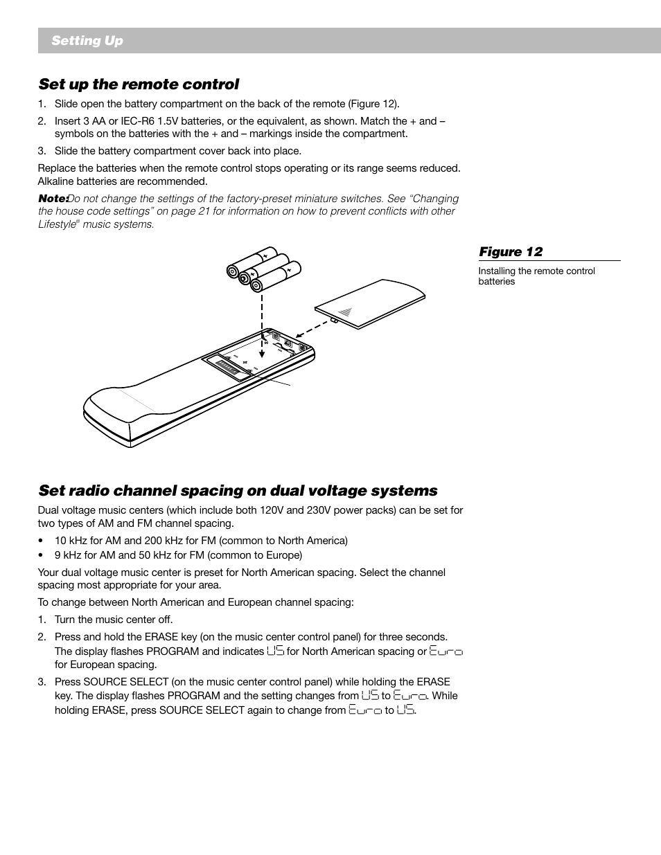 Set up the remote control, Set radio channel spacing on dual voltage systems | Bose Lifestyle 20 User Manual | Page 12 / 31