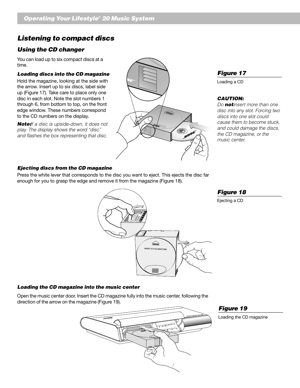 Listening to compact discs, English operating your lifestyle, 20 music system | Using the cd changer, Figure 17, Figure 19, Figure 18, Loading a cd, Loading the cd magazine, Ejecting a cd | Bose Lifestyle 20 User Manual | Page 16 / 31