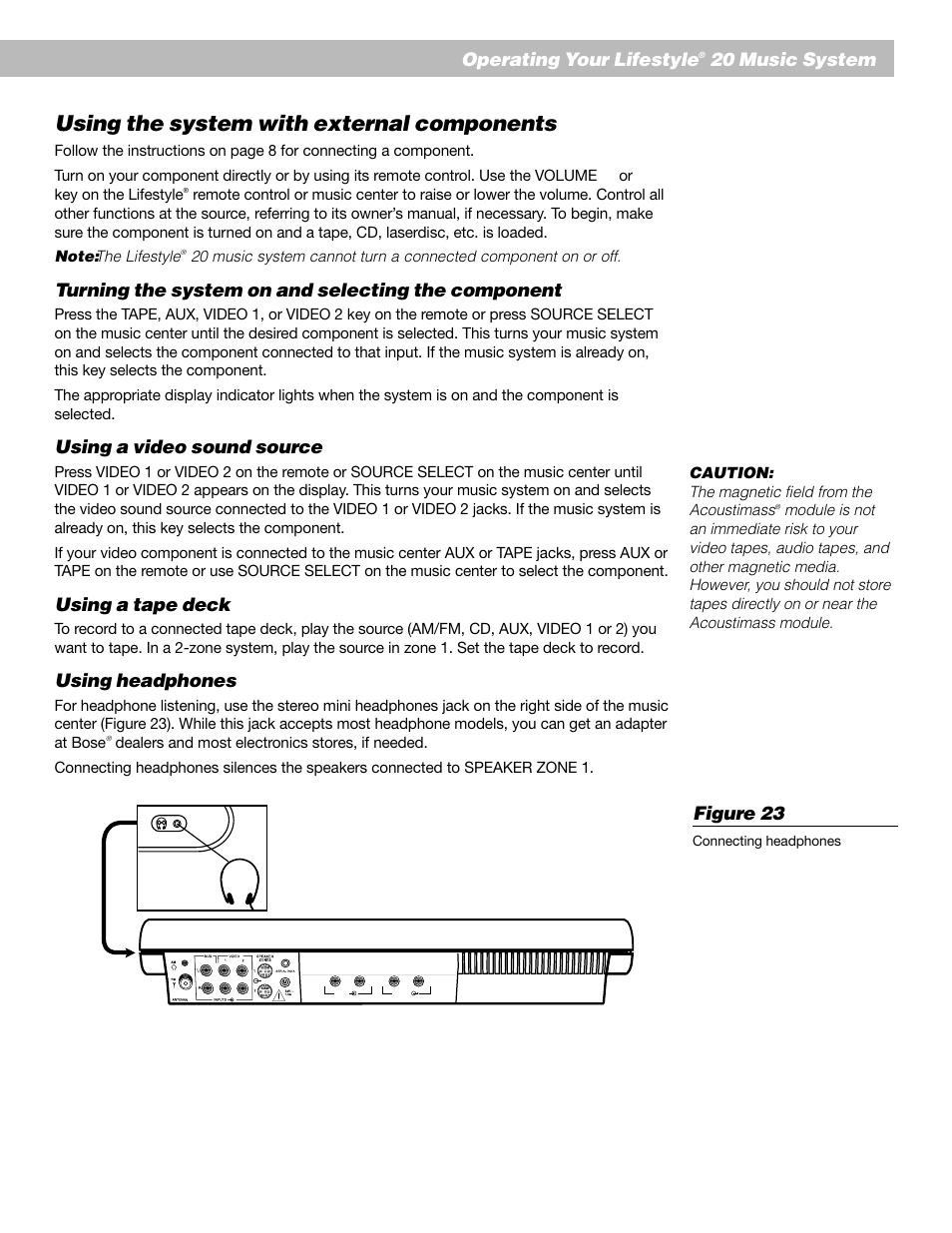 Using the system with external components, English operating your lifestyle, 20 music system | Turning the system on and selecting the component, Using a video sound source, Using a tape deck, Using headphones, Figure 23 | Bose Lifestyle 20 User Manual | Page 19 / 31