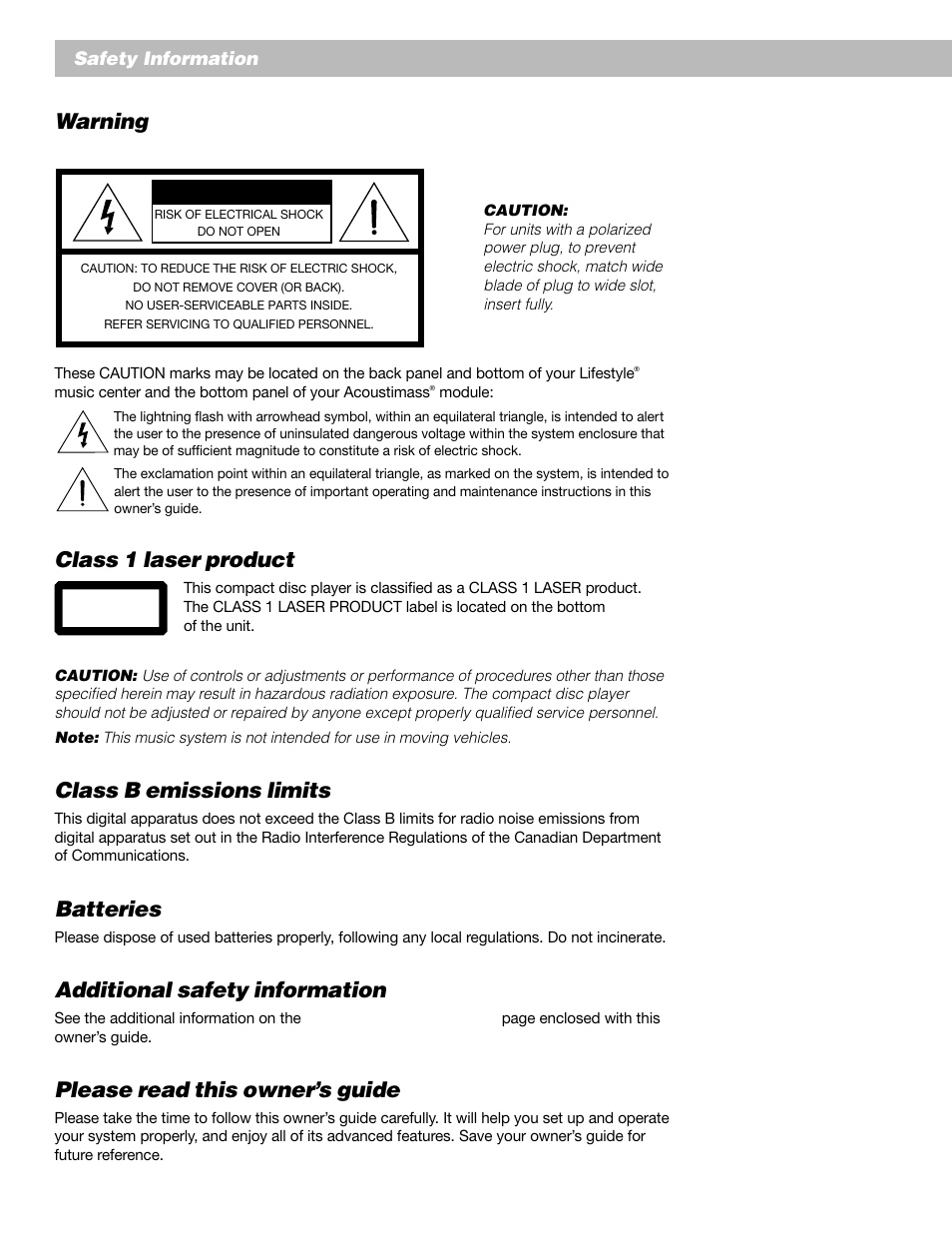 Warning, Class 1 laser product, Class b emissions limits | Batteries, Additional safety information, Please read this owner’s guide, Caution, English safety information | Bose Lifestyle 20 User Manual | Page 2 / 31