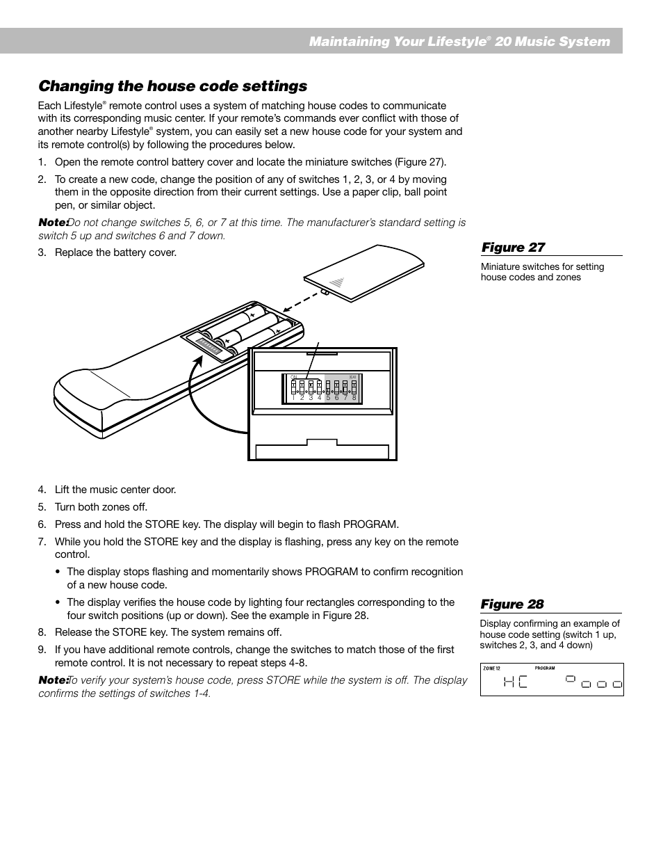 Changing the house code settings, English maintaining your lifestyle, 20 music system | Figure 27, Figure 28 | Bose Lifestyle 20 User Manual | Page 23 / 31