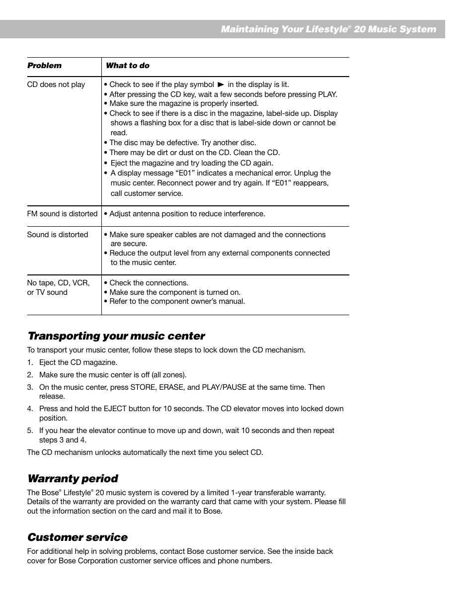 Transporting your music center, Warranty period, Customer service | Bose Lifestyle 20 User Manual | Page 25 / 31
