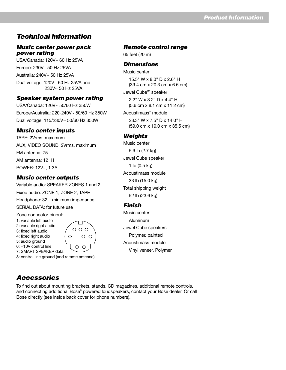 Technical information, Accessories, English | Music center power pack power rating, Speaker system power rating, Music center inputs, Music center outputs, Product information remote control range, Dimensions, Weights | Bose Lifestyle 20 User Manual | Page 27 / 31