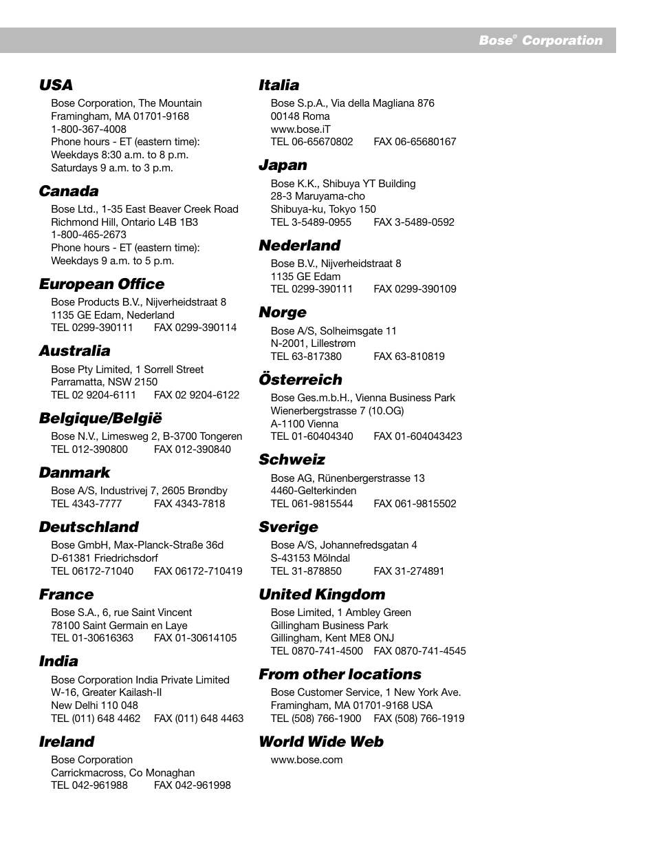 Canada, European office, Australia | Belgique/belgië, Danmark, Deutschland, France, India, Ireland, Italia | Bose Lifestyle 20 User Manual | Page 30 / 31