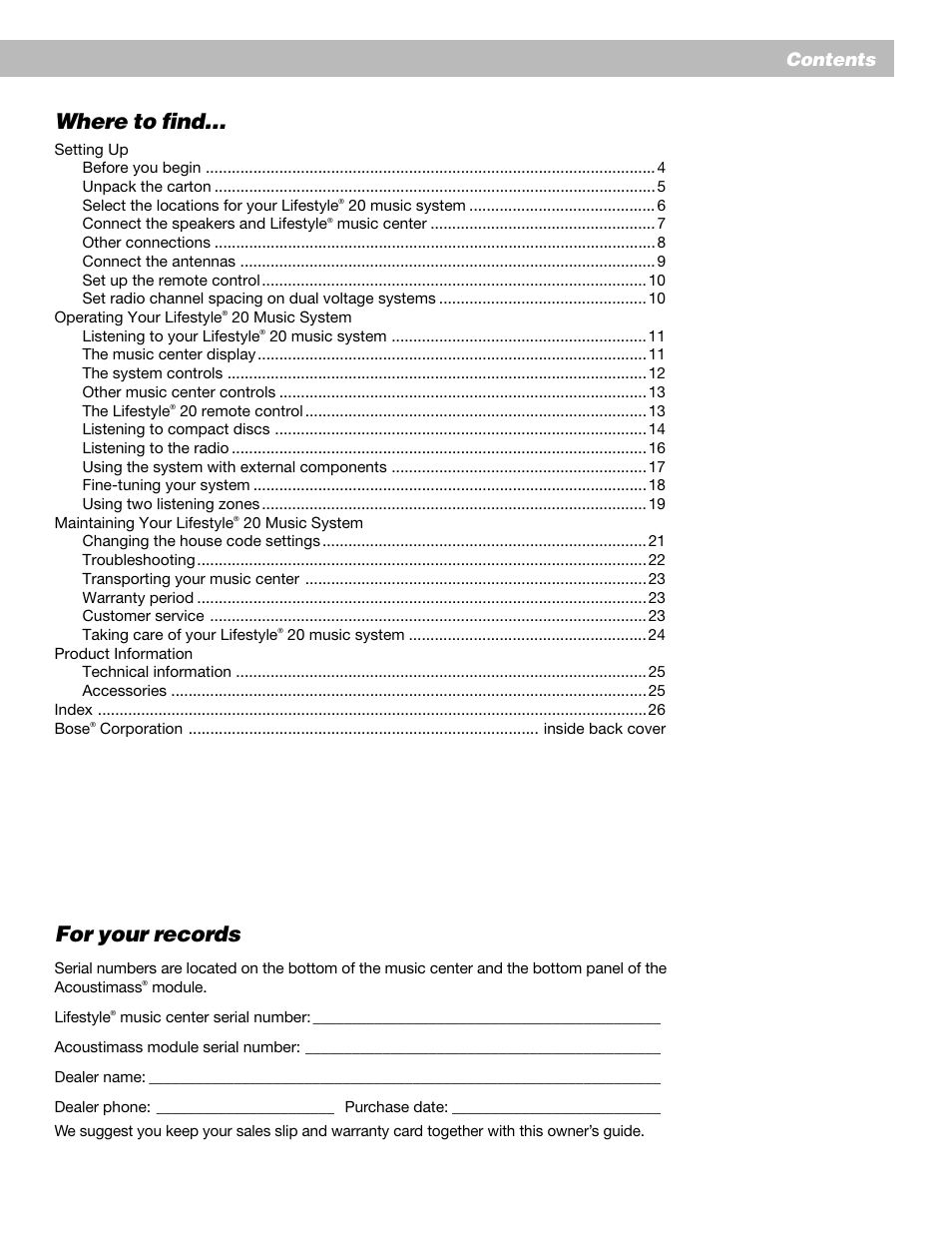 Where to find, For your records, English contents | Espa ñ ol fran ç ais | Bose Lifestyle 20 User Manual | Page 5 / 31