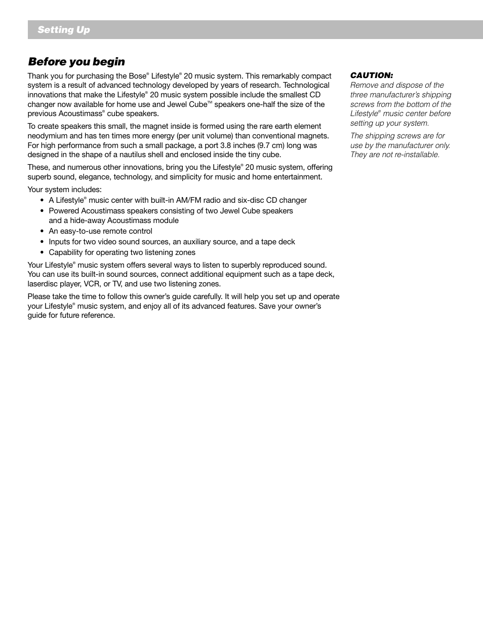 Before you begin, English setting up | Bose Lifestyle 20 User Manual | Page 6 / 31