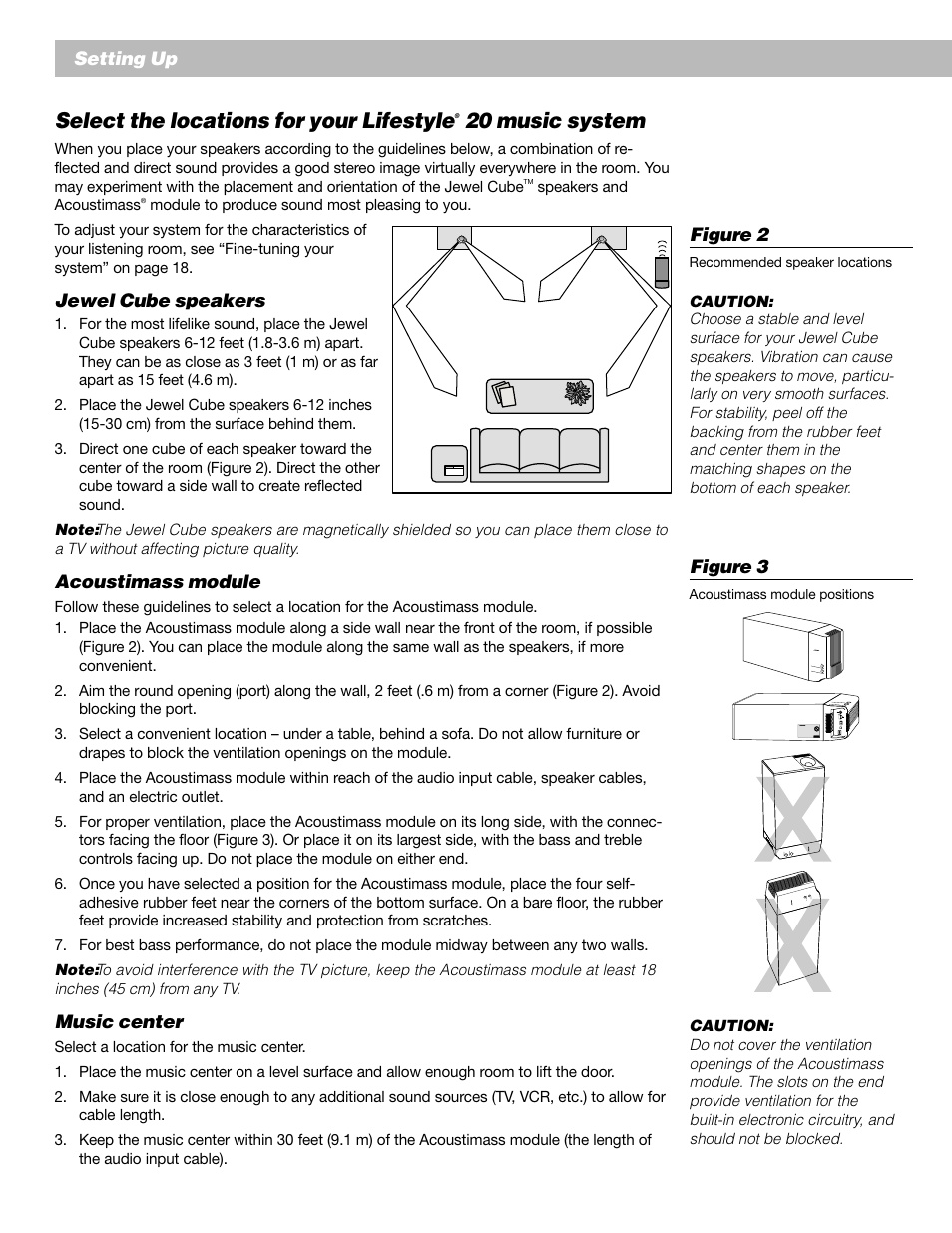 Select the locations for your lifestyle, 20 music system, English setting up figure 2 | Jewel cube speakers, Acoustimass module, Music center, Figure 3 | Bose Lifestyle 20 User Manual | Page 8 / 31