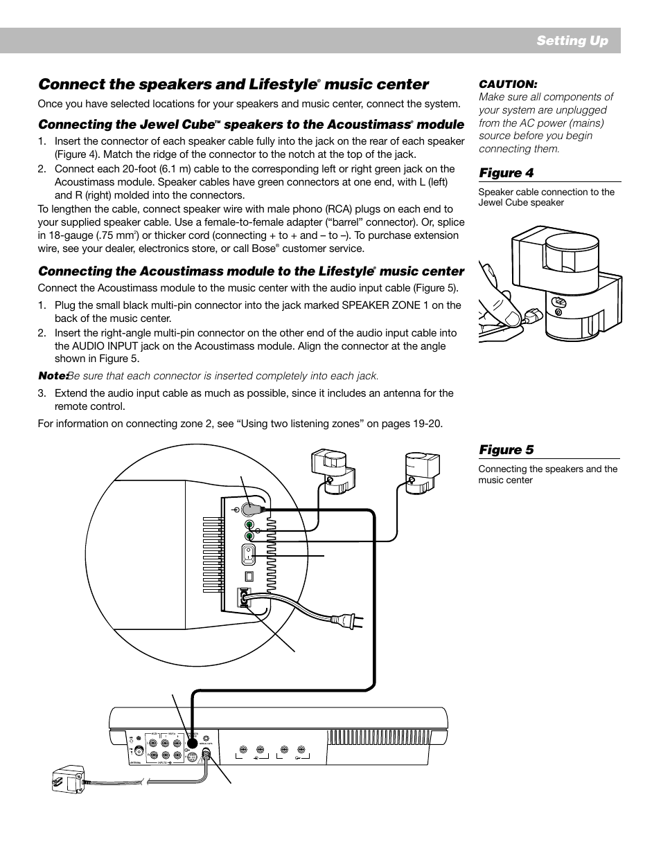 Connect the speakers and lifestyle, Music center, English setting up | Connecting the jewel cube, Speakers to the acoustimass, Module, Connecting the acoustimass module to the lifestyle, Figure 4, Figure 5, Customer service | Bose Lifestyle 20 User Manual | Page 9 / 31