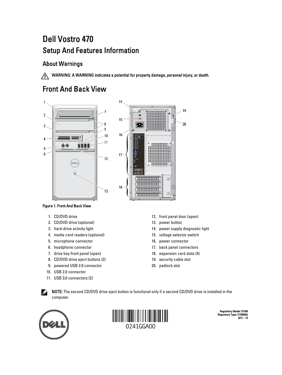 Dell Vostro 470 (Mid 2012) User Manual | 5 pages