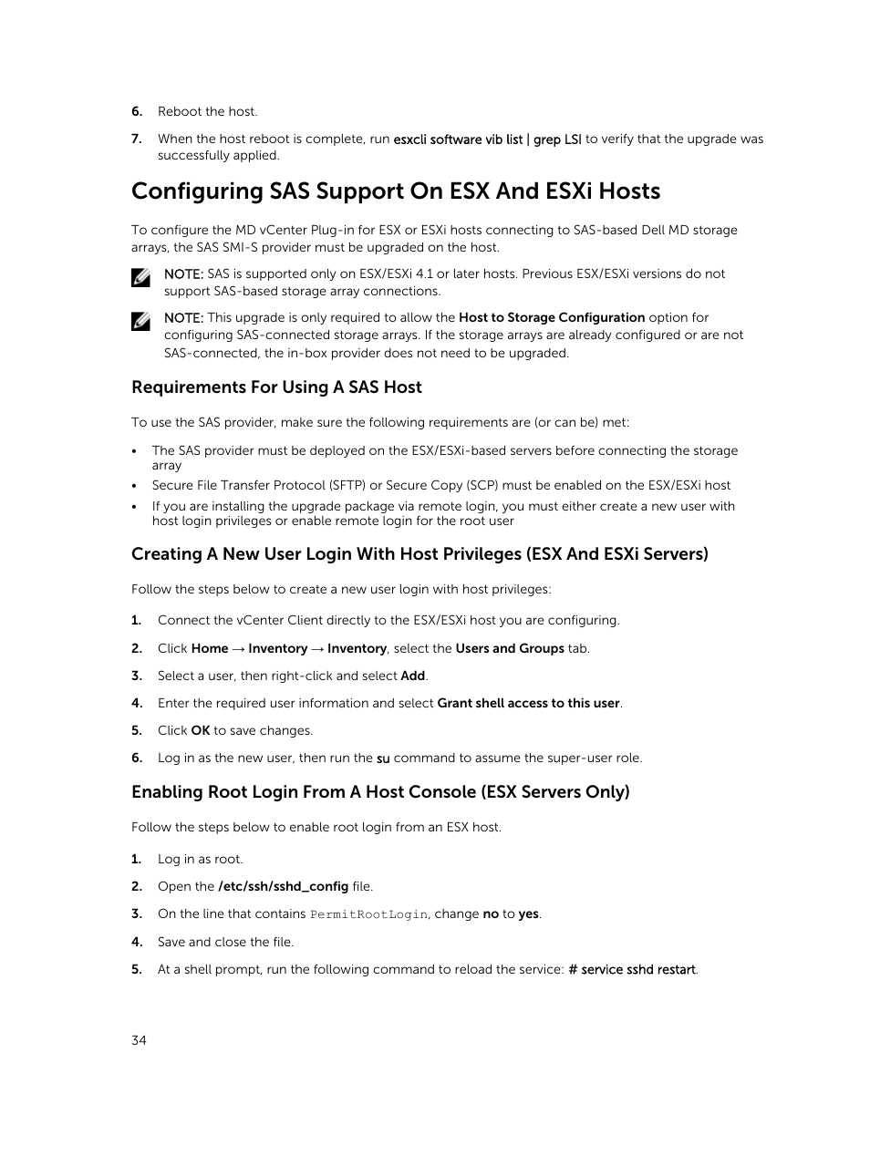 Configuring sas support on esx and esxi hosts, Requirements for using a sas host | Dell PowerVault MD3800f User Manual | Page 34 / 88