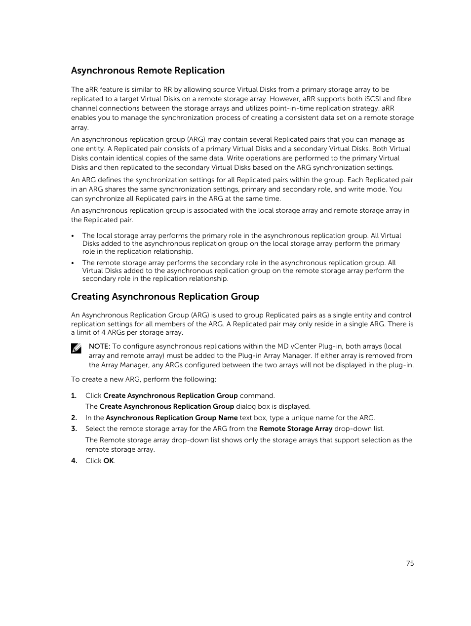 Asynchronous remote replication, Creating asynchronous replication group | Dell PowerVault MD3800f User Manual | Page 75 / 88