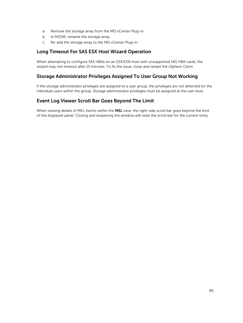 Long timeout for sas esx host wizard operation, Event log viewer scroll bar goes beyond the limit | Dell PowerVault MD3800f User Manual | Page 85 / 88