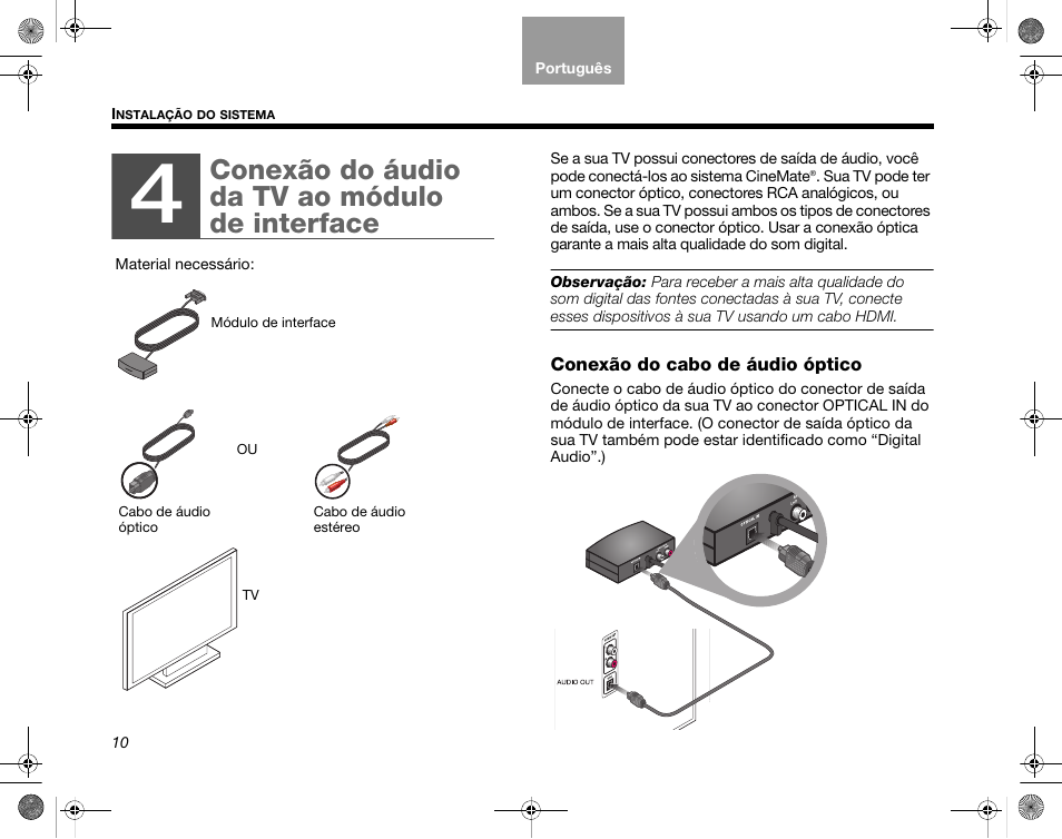 Conexão do áudio da tv ao módulo de interface, Conexão do cabo de áudio óptico | Bose CineMate GS Series II User Manual | Page 102 / 124