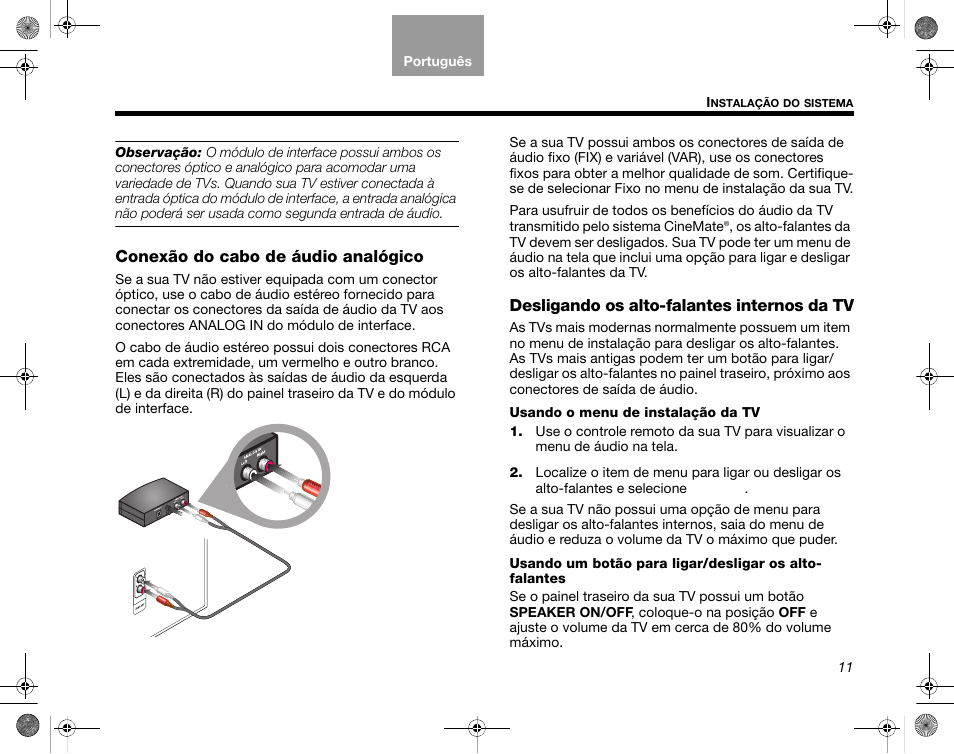Conexão do cabo de áudio analógico, Desligando os alto-falantes internos da tv | Bose CineMate GS Series II User Manual | Page 103 / 124