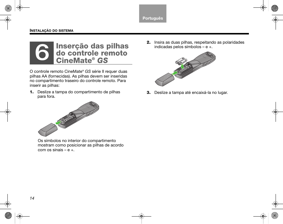 Inserção das pilhas do controle remoto cinemate | Bose CineMate GS Series II User Manual | Page 106 / 124
