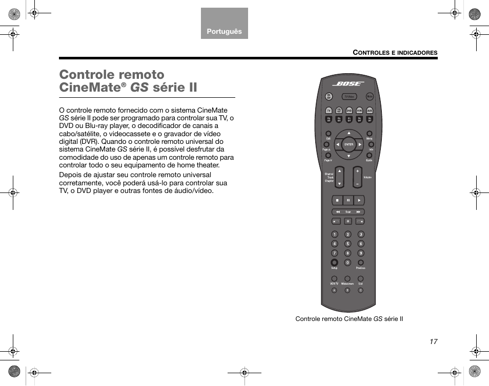 Controle remoto cinemate, Gs série ii | Bose CineMate GS Series II User Manual | Page 109 / 124