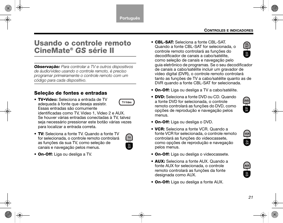 Usando o controle remoto cinemate, Gs série ii | Bose CineMate GS Series II User Manual | Page 113 / 124