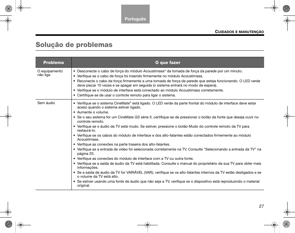Solução de problemas | Bose CineMate GS Series II User Manual | Page 119 / 124