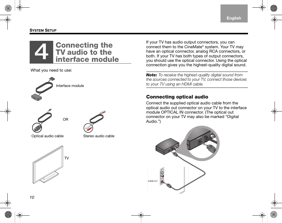 Connecting the tv audio to the interface module, Connecting optical audio | Bose CineMate GS Series II User Manual | Page 12 / 124