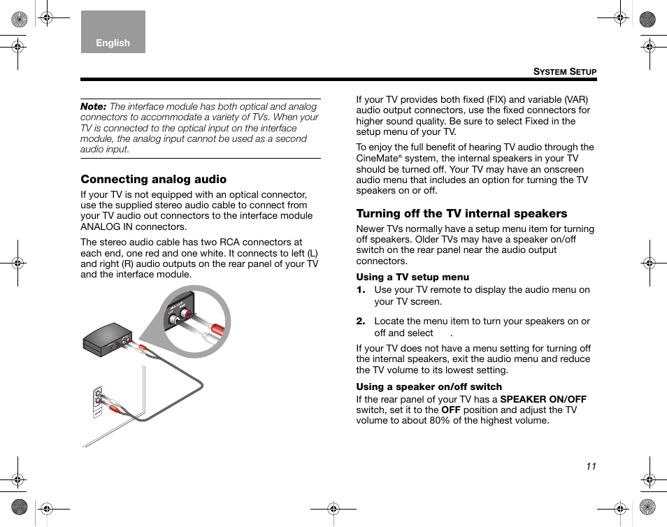 Connecting analog audio, Turning off the tv internal speakers | Bose CineMate GS Series II User Manual | Page 13 / 124
