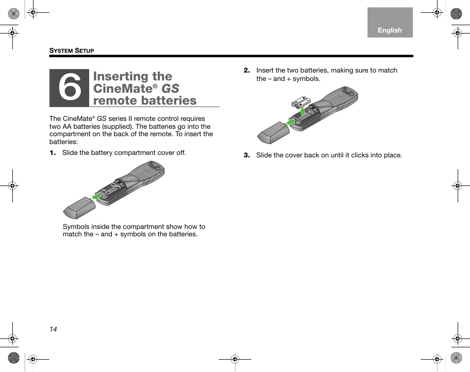 Inserting the cinemate® gs remote batteries, Inserting the cinemate, Gs remote batteries | Bose CineMate GS Series II User Manual | Page 16 / 124