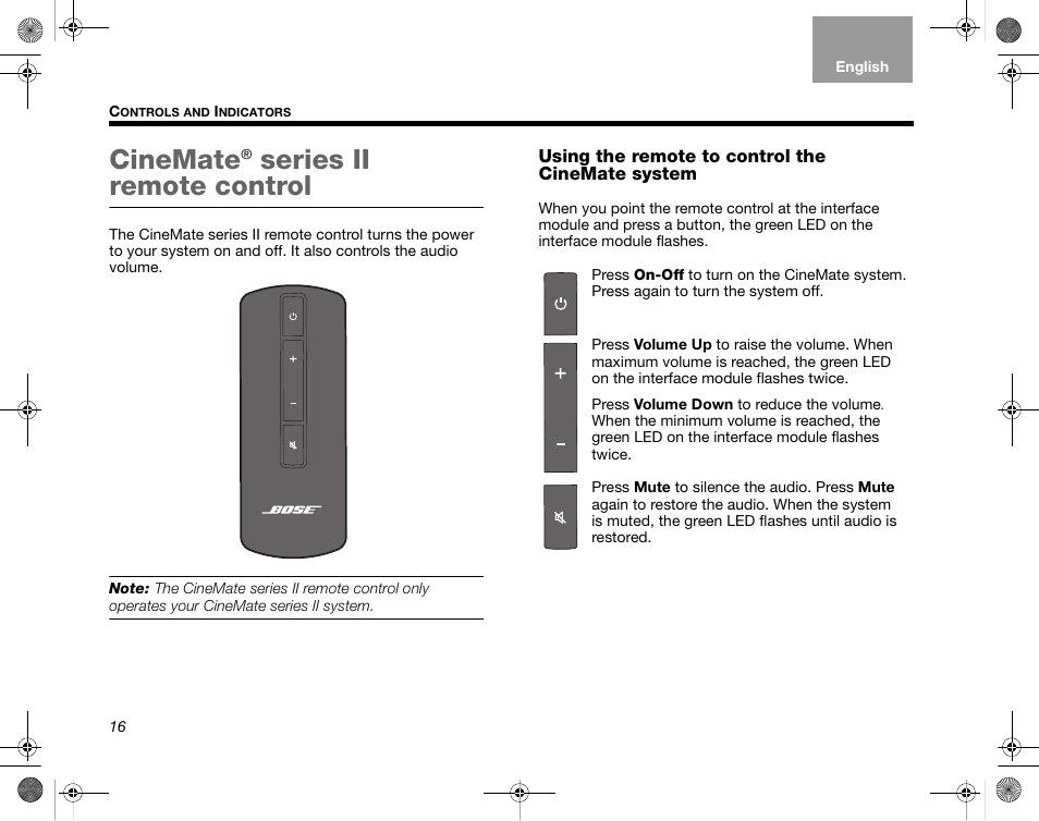 Using the remote to control the cinemate system, Cinemate, Series ii remote control | Bose CineMate GS Series II User Manual | Page 18 / 124