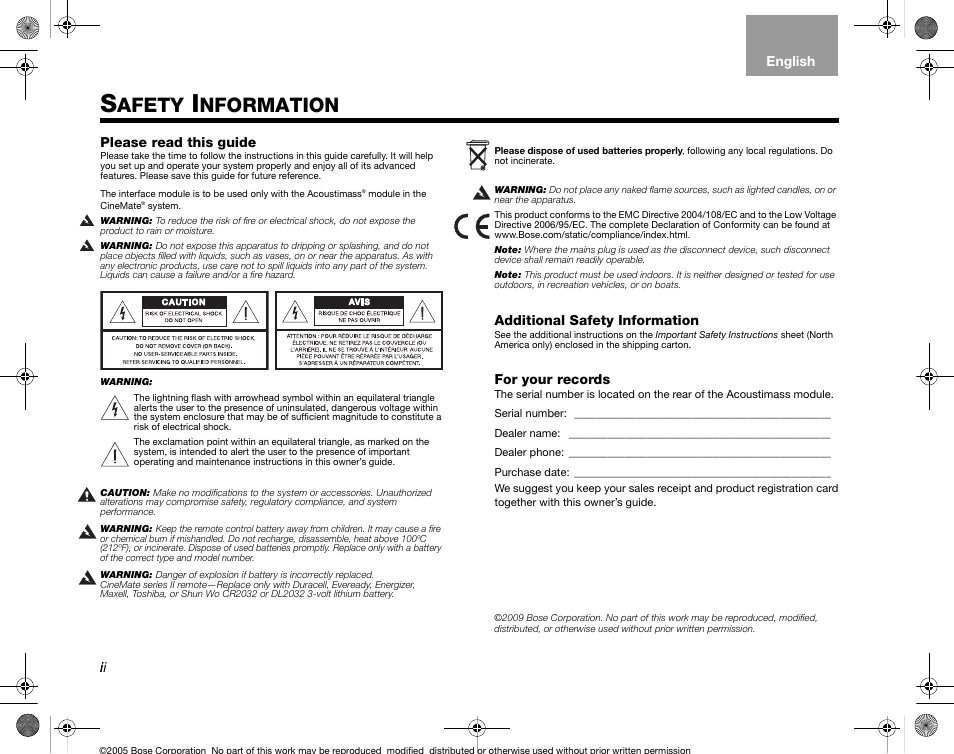Afety, Nformation | Bose CineMate GS Series II User Manual | Page 2 / 124