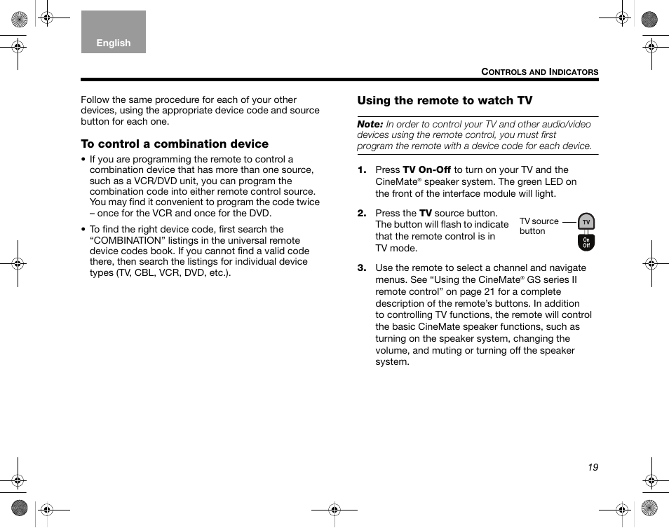 To control a combination device, Using the remote to watch tv | Bose CineMate GS Series II User Manual | Page 21 / 124