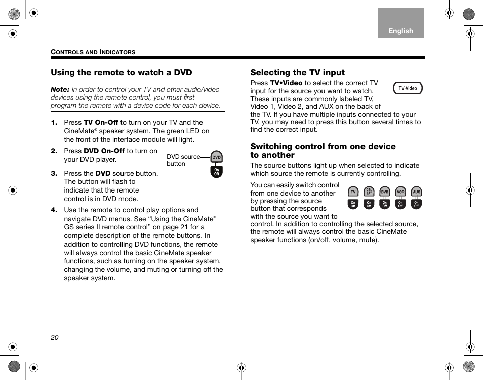 Using the remote to watch a dvd, Selecting the tv input, Switching control from one device to another | Bose CineMate GS Series II User Manual | Page 22 / 124