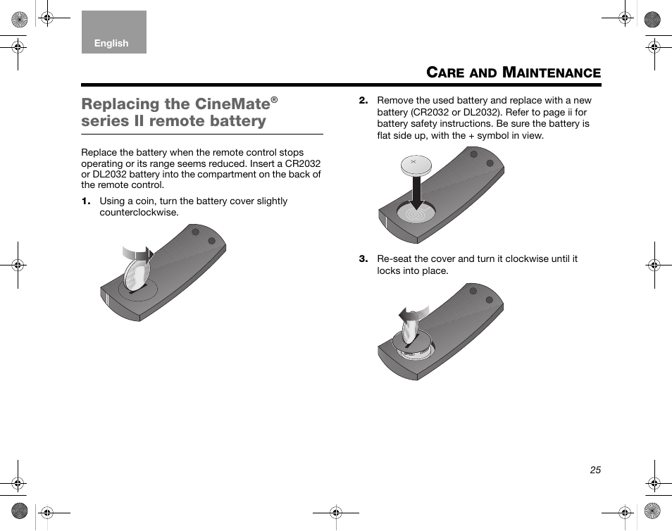 Aintenance, Replacing the cinemate, Series ii remote battery | Bose CineMate GS Series II User Manual | Page 27 / 124