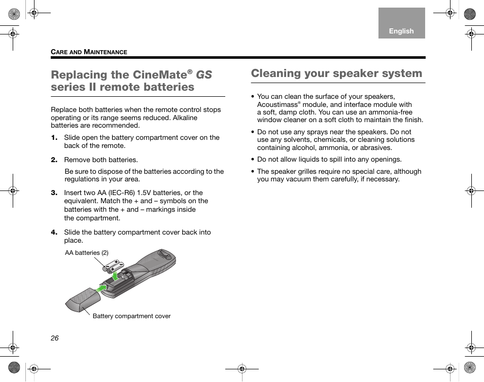 Replacing the cinemate, Cleaning your speaker system, Gs series ii remote batteries | Bose CineMate GS Series II User Manual | Page 28 / 124
