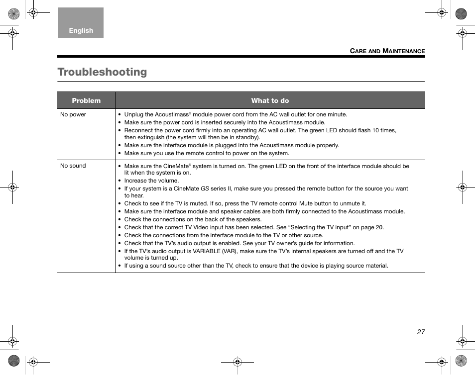 Troubleshooting | Bose CineMate GS Series II User Manual | Page 29 / 124